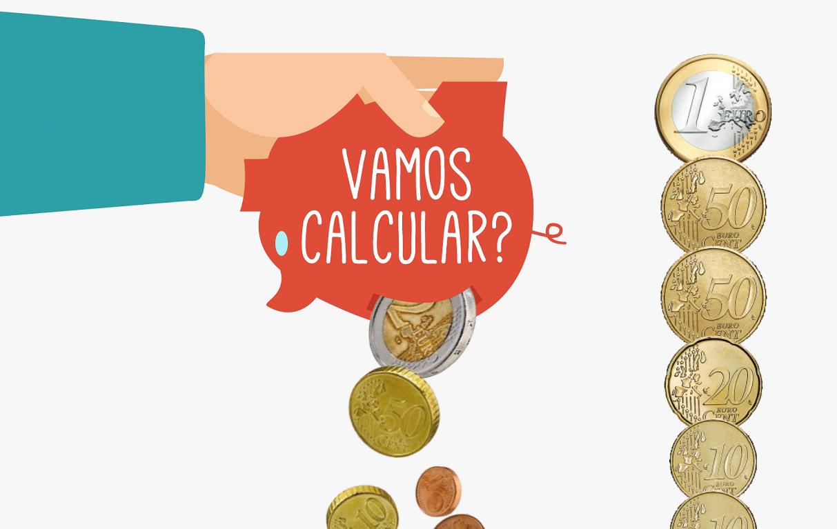 Ilustração alusiva ao recurso educativo "Vamos calcular?". Mão segura porquinho mealheiro de cabeça para baixo de onde caem algumas moedas de euro