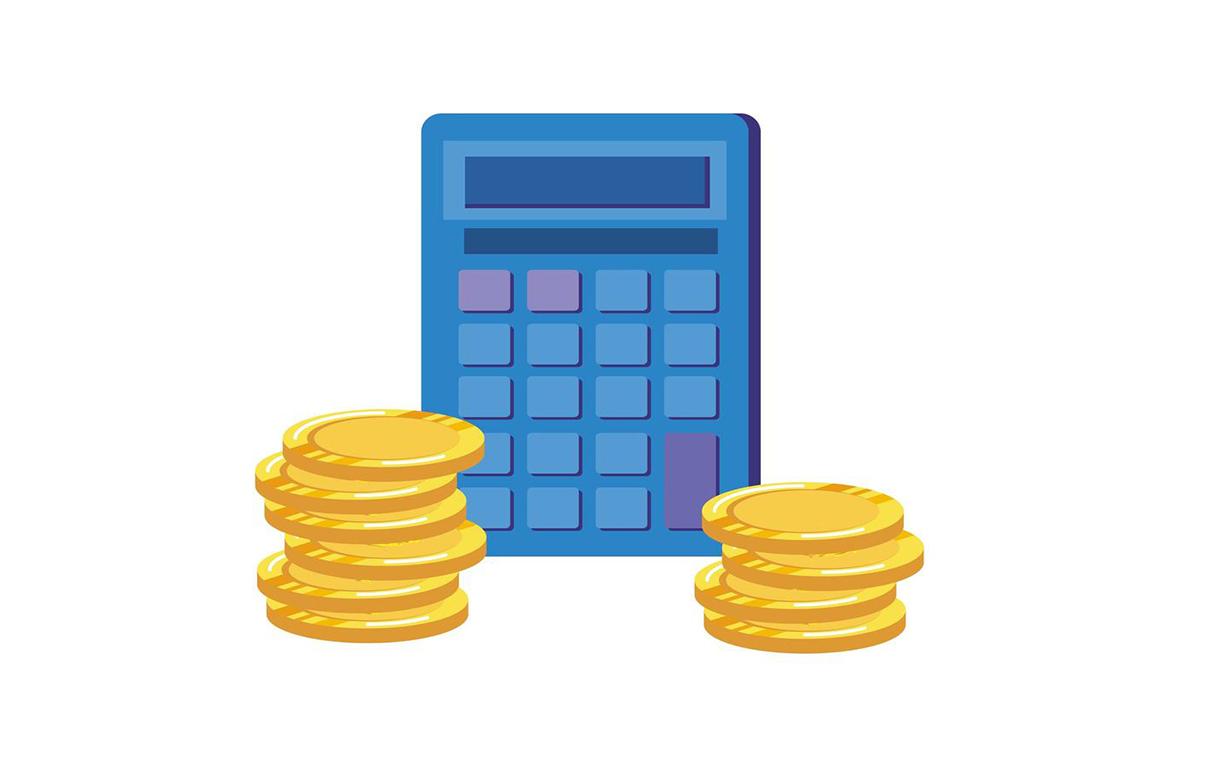Ilustração de moedas douradas e calculadora azul