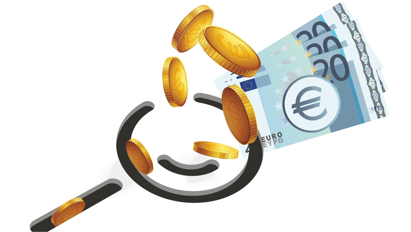Ilustração com lupa, moeda e notas de 20 euros