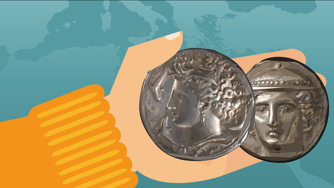 Ilustração de uma mão com duas moedas gregas de prata na palma da mão