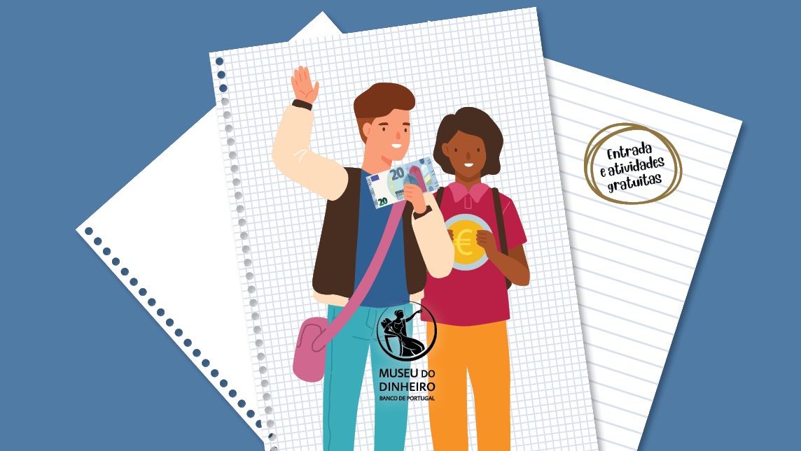 Ilustração alusiva à programação educativa para escolas e grupos 2023/2024. Um menino branco e uma menina negra estão vestidos prontos para a escola.