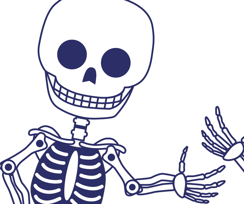 Desenho azul escuro de dois esqueletos. Um do lado direito e outro do lado esquerdo a acenar.