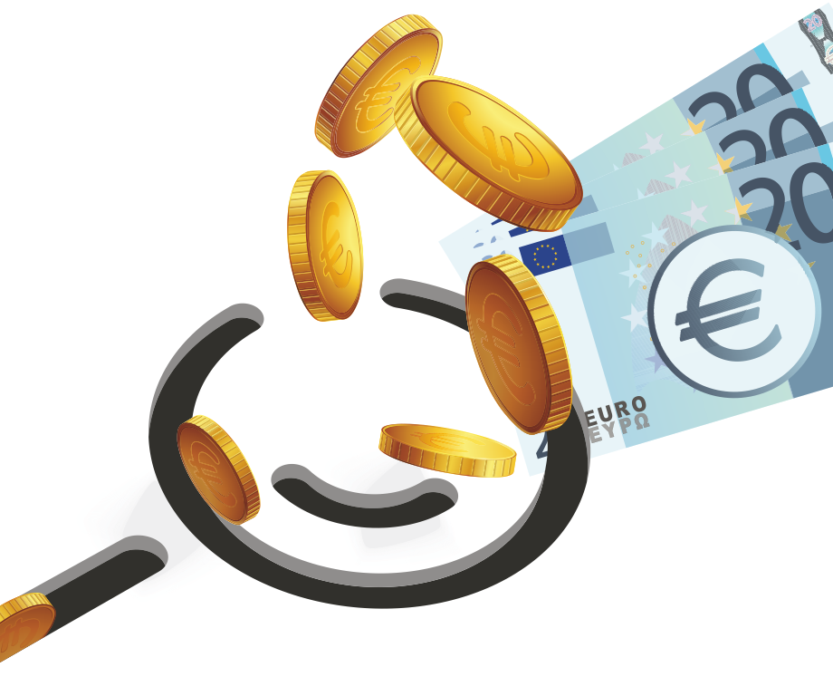 Ilustração com lupa, moeda e notas de 20 euros